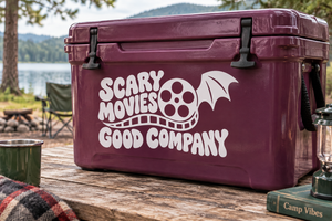 Maroon cooler vinyl decal: 'Scary Movies Good Company' skull film icon