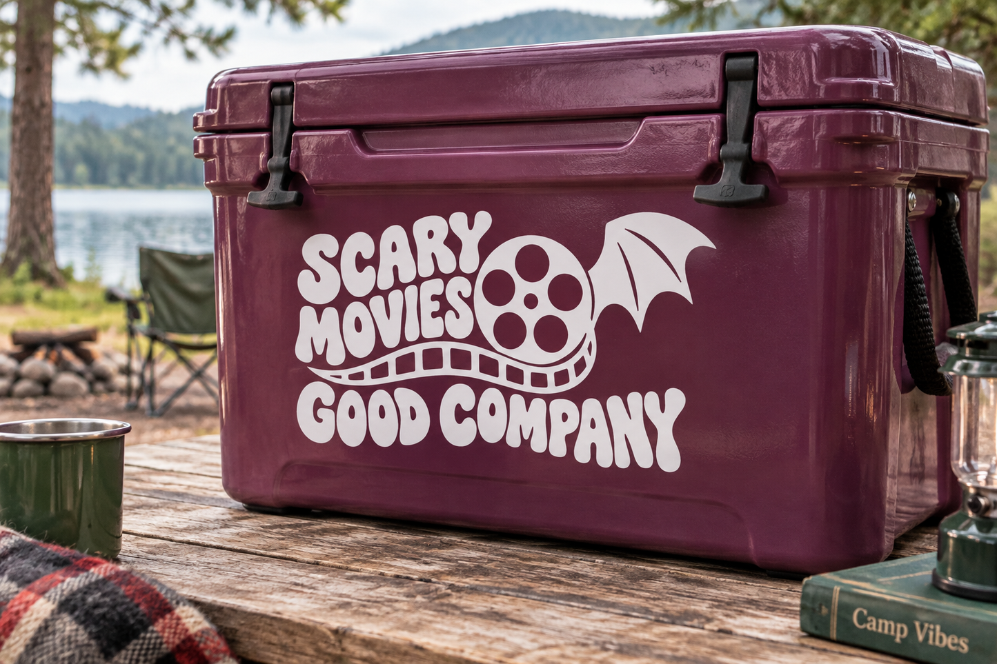 Maroon cooler vinyl decal: 'Scary Movies Good Company' skull film icon