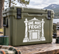 White “One More Fright” vinyl decal on an olive green cooler with haunted doorway graphic