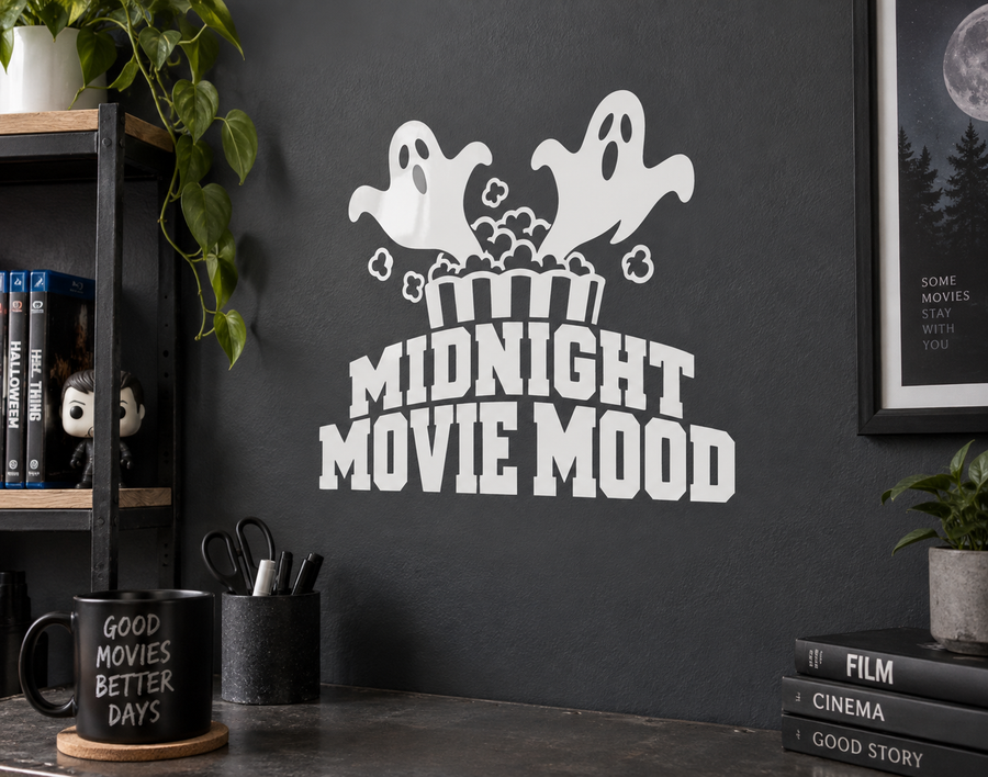 Vinyl wall decal with two ghost icons, popcorn, and text 'MIDNIGHT MOVIE MOOD'.