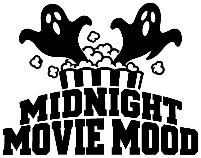 Black-and-white vinyl decal of ghosts, popcorn, and bold 'MIDNIGHT MOVIE MOOD' text.