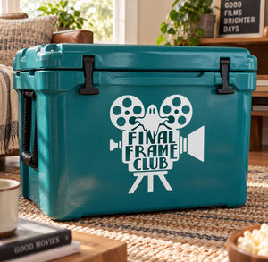 Final Frame Club horror vinyl decal on teal cooler, film reel icon and camera graphic