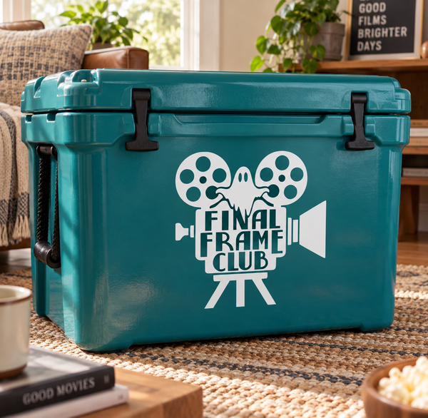 Final Frame Club horror vinyl decal on teal cooler, film reel icon and camera graphic