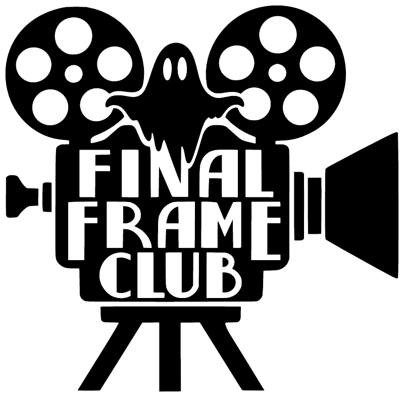 Final Frame Club horror vinyl decal, black film reel camera and tripod silhouette