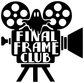 Final Frame Club horror vinyl decal, black film reel camera and tripod silhouette