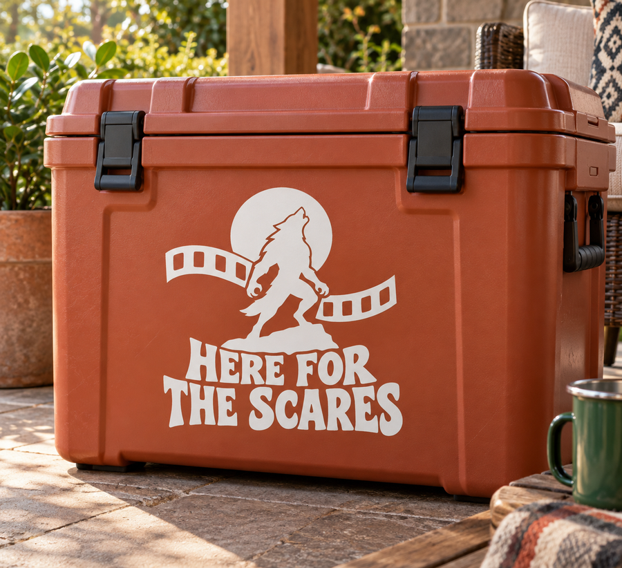 Vinyl decal showing white witch silhouette, film reel, and 'HERE FOR THE SCARES' text