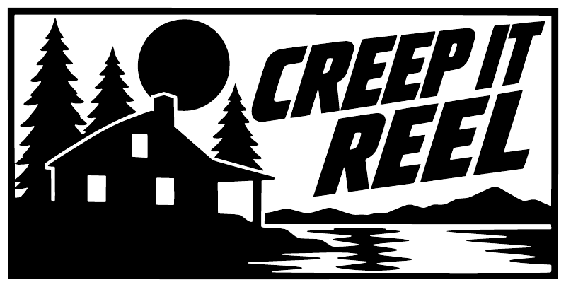 Black and white vinyl decal with house, pine trees, moon, and CREEP IT REEL text