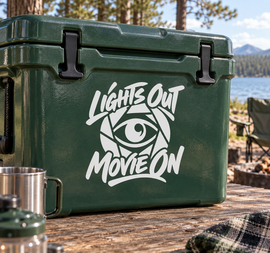 Vinyl decal: "Lights Out Movie On" script with eye graphic