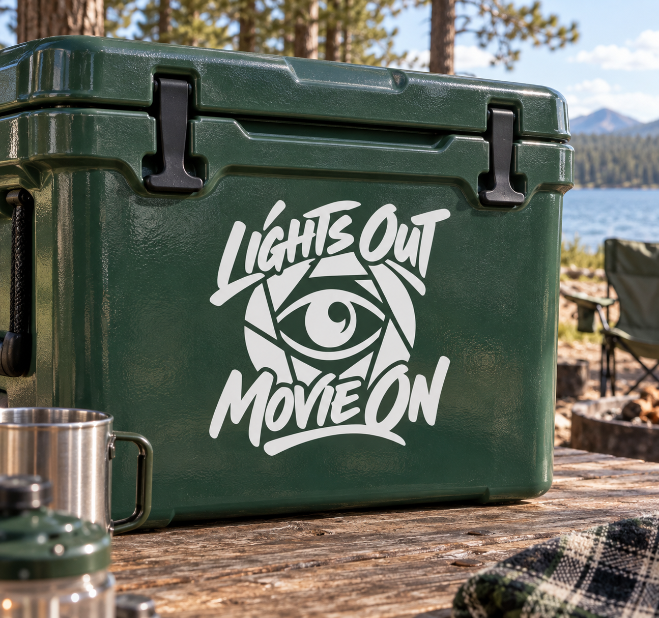 Vinyl decal: "Lights Out Movie On" script with eye graphic