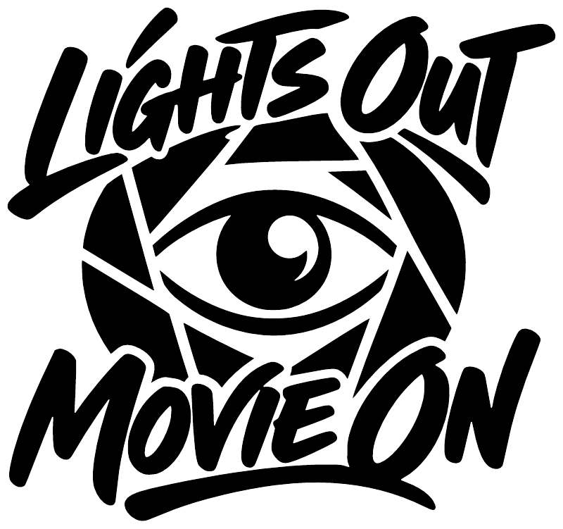 Vinyl decal design with "Lights Out Movie On" script and eye icon on white