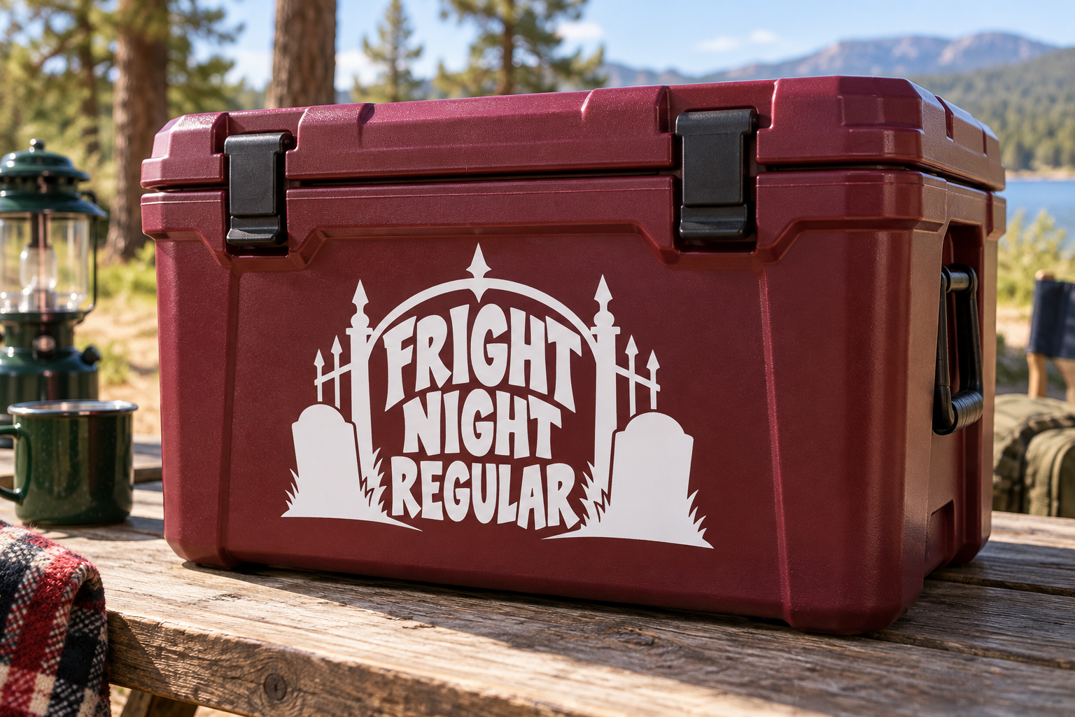 White Fright Night Regular logo vinyl decal with castle silhouettes on burgundy case