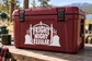 White Fright Night Regular logo vinyl decal with castle silhouettes on burgundy case