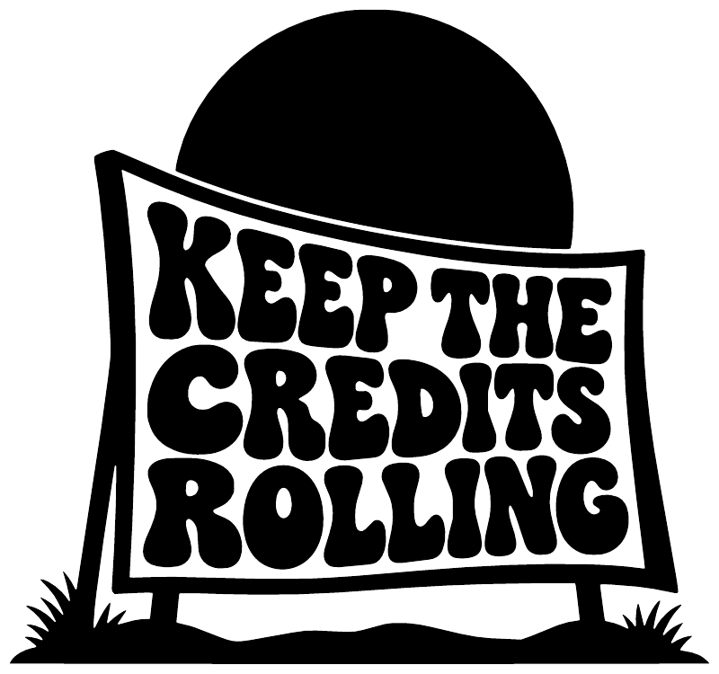 Vinyl decal with black moon and white dripping text reading “KEEP THE CREDITS ROLLING”