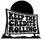 Vinyl decal with black moon and white dripping text reading “KEEP THE CREDITS ROLLING”