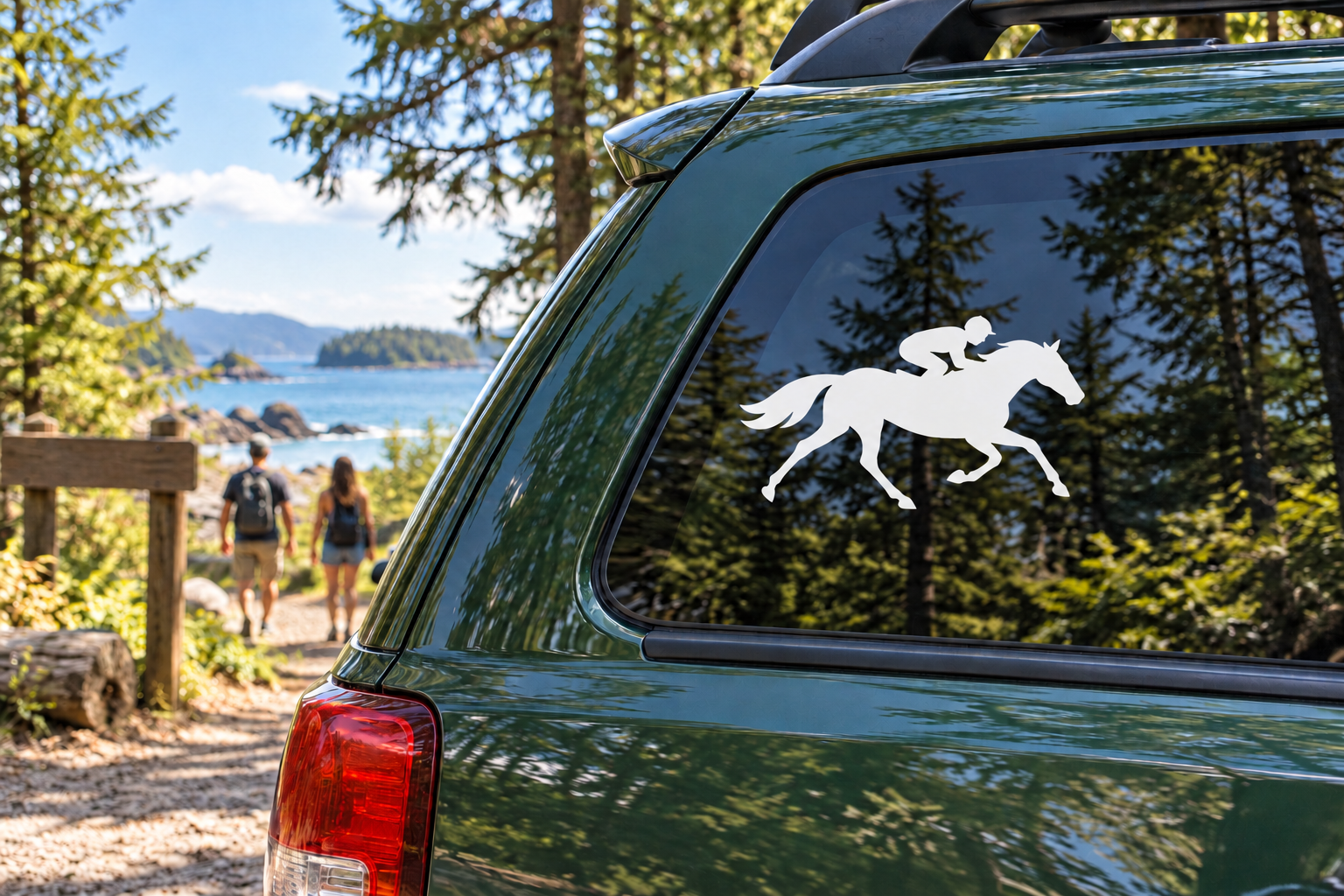 Horse racing vinyl decal with two white galloping horse silhouettes on a car window