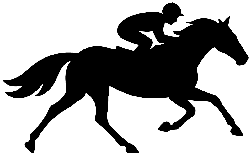 Horse racing vinyl decal of a black galloping horse silhouette with rider