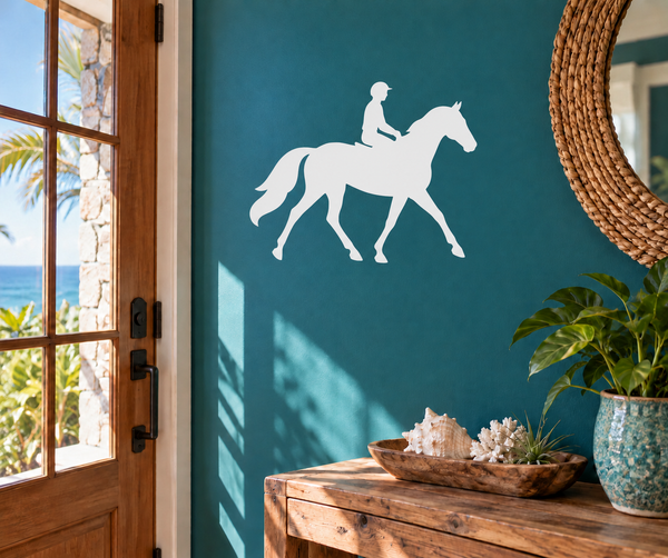 Horse racing vinyl decal of white jockey on horse silhouette