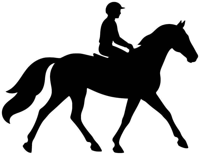 Horse racing vinyl decal with black jockey riding horse silhouette