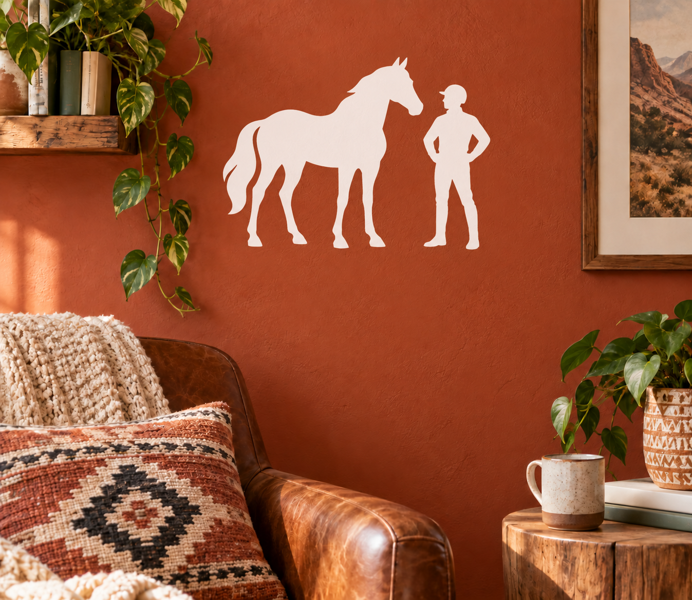 White vinyl decal of horse and jockey silhouette, horse beside standing rider.