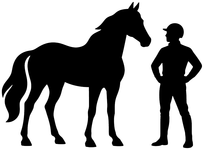 Black vinyl horse and jockey silhouette decal, rider standing with hands on hips.