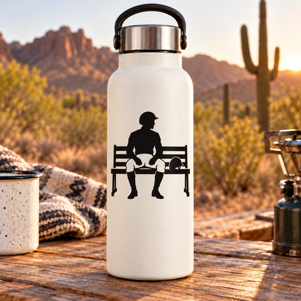 White water bottle with black horse-racing bench vinyl decal silhouette