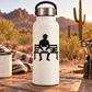 White water bottle with black horse-racing bench vinyl decal silhouette
