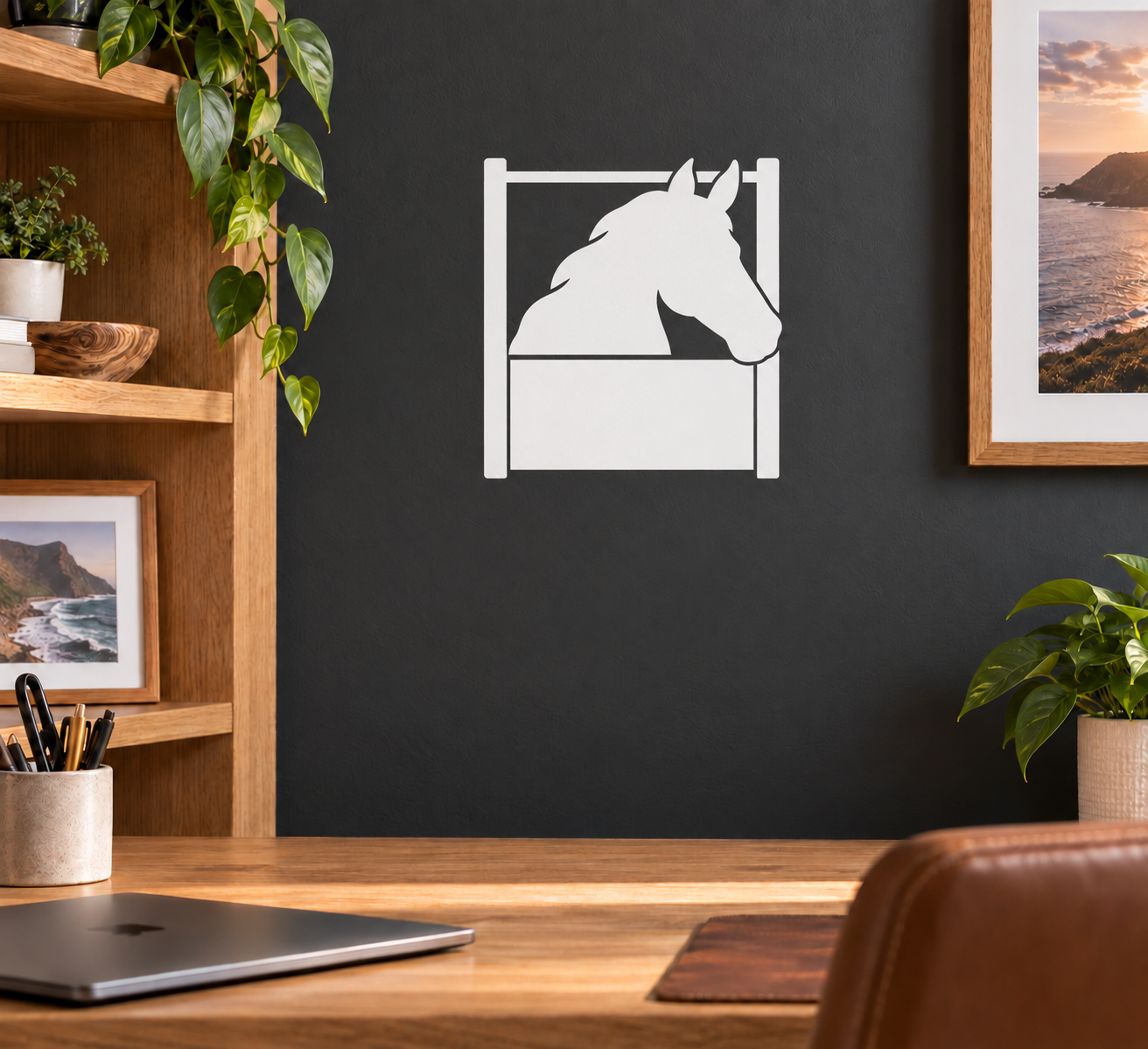Horse stable greeting vinyl decal with white horse silhouette in window frame