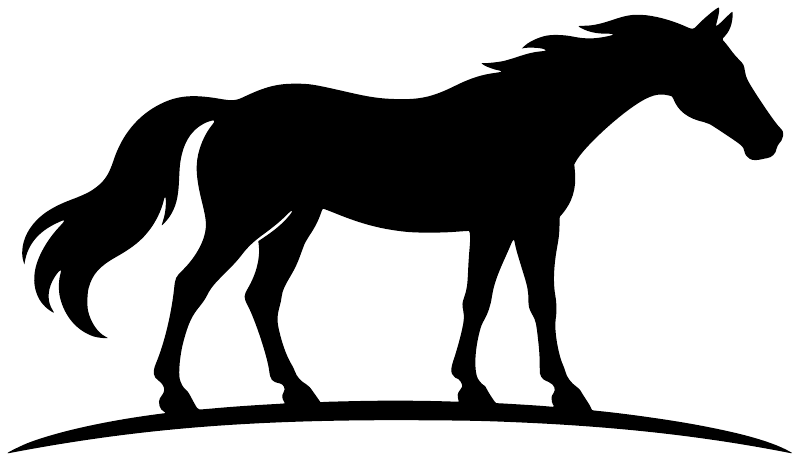 Horse racing vinyl decal, black horse silhouette on curved ground line—HorseRacingCX009