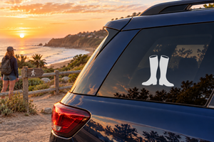 Pair of boot vinyl decals on car window, black tall boot silhouettes.