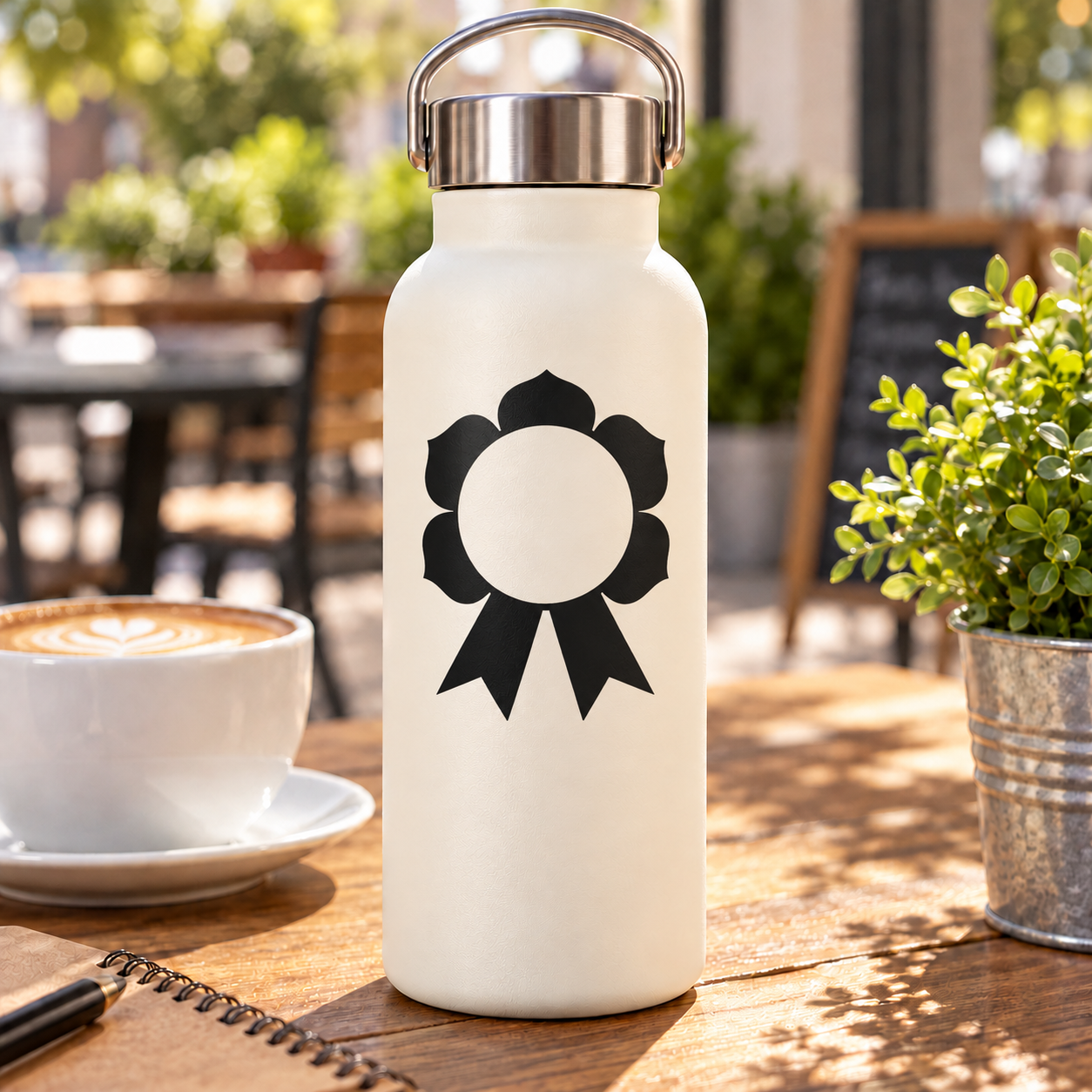 Black rosette ribbon vinyl decal on white bottle