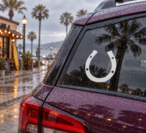 Horseshoe vinyl decal with white U shape and three dot accents for cars