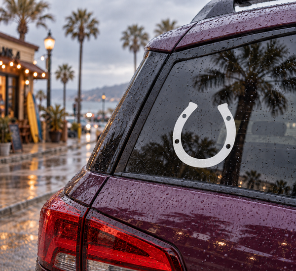 Horseshoe vinyl decal with white U shape and three dot accents for cars