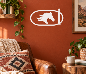 Horse racing oval vinyl decal with white horse head and cup icon, HorseRacingCX018