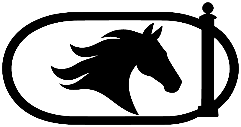 Horse racing oval vinyl decal in black with horse head silhouette and cup icon