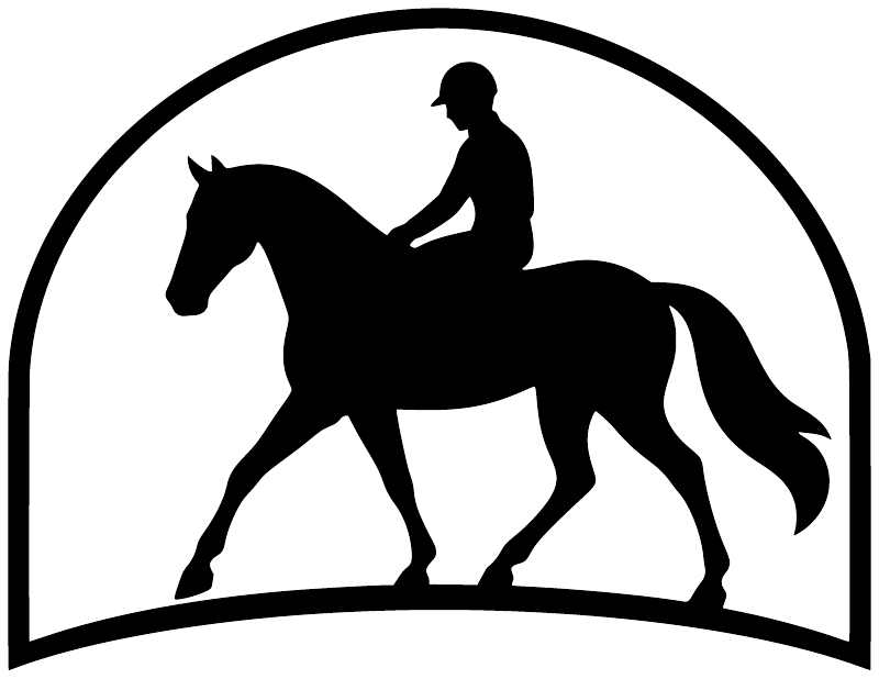 Horse and rider silhouette vinyl decal, black on white, arched circle border