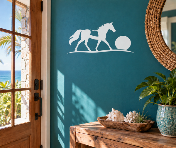 Horse racing vinyl decal: white horse silhouette with ball on thin line