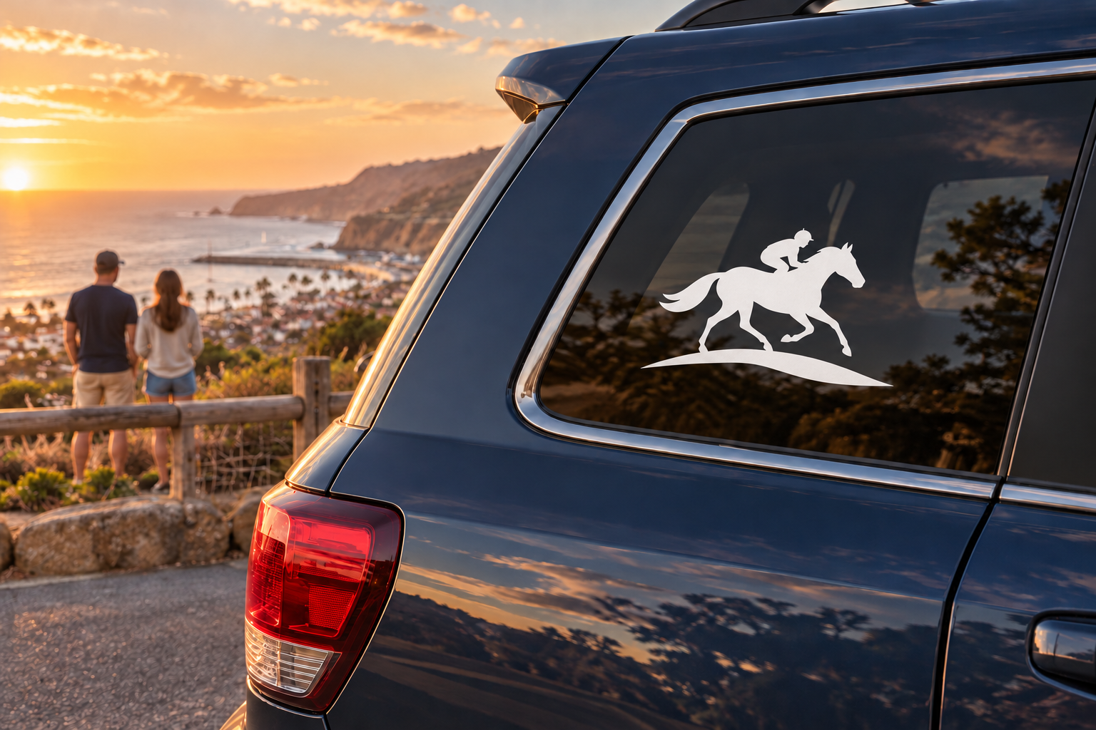 White horse racing vinyl decal of jockey and galloping horse on car window