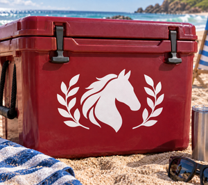 White horse with laurel wreath vinyl decal on red surface