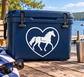 Blue cooler with white heart vinyl decal and black horse silhouette
