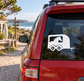 Vinyl horse racing decal on vehicle window: black horse in white trailer frame