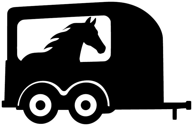 Horse racing vinyl decal: black horse on white panel over black trailer with wheels