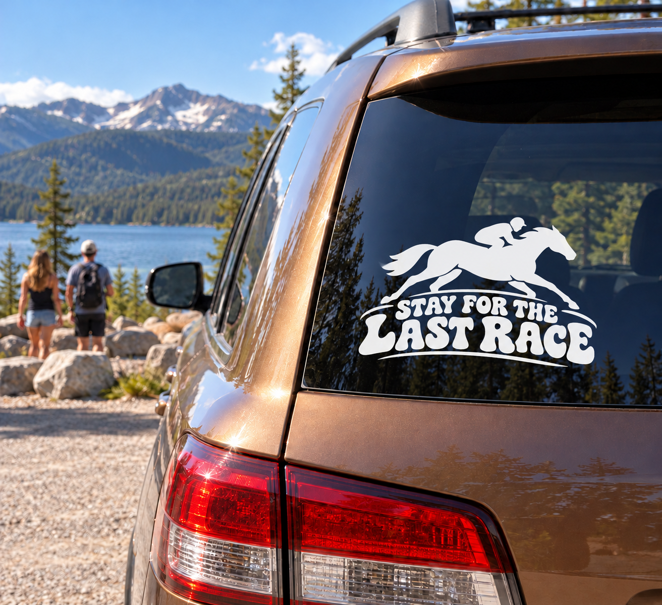 Vinyl decal for car window: white racehorse rider with “Stay for the Last Race” text