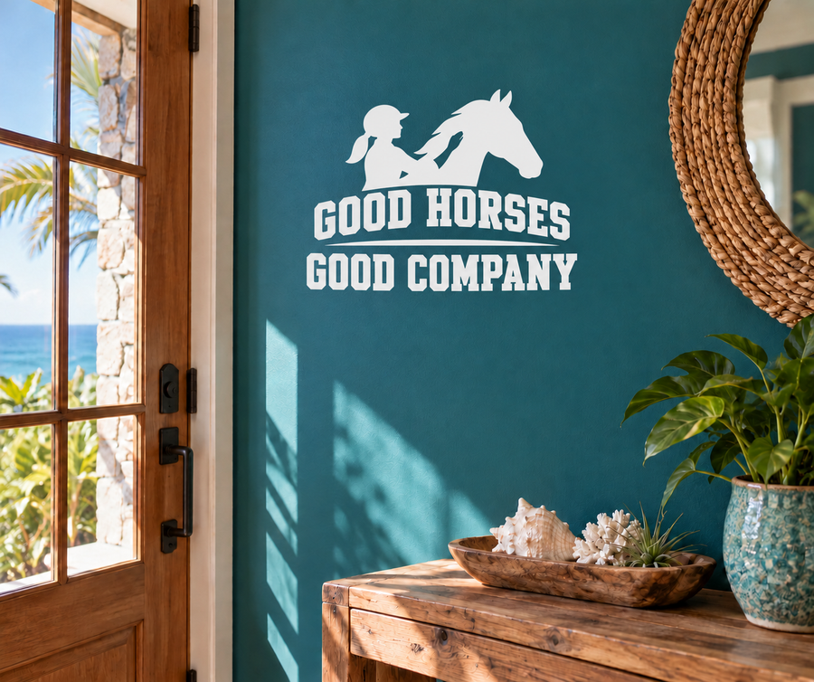 White horse-and-rider vinyl decal with “Good Horses Good Company” lettering