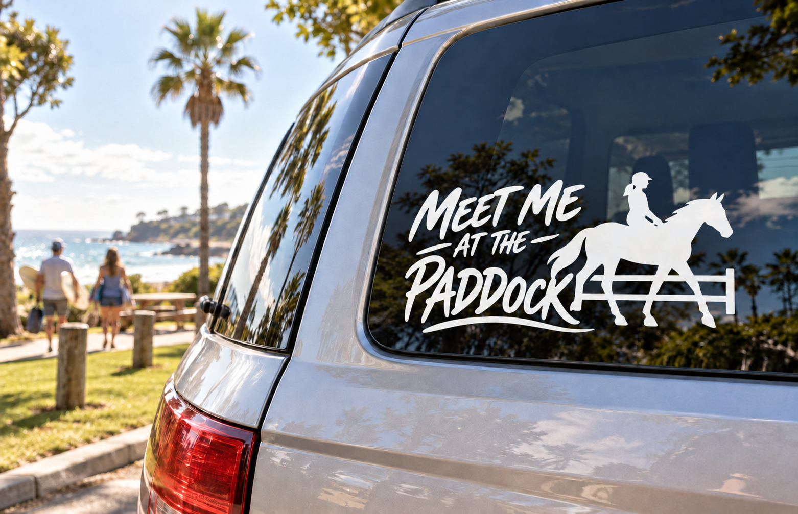 Car window vinyl decal: Meet Me at the Paddock with jockey silhouette.
