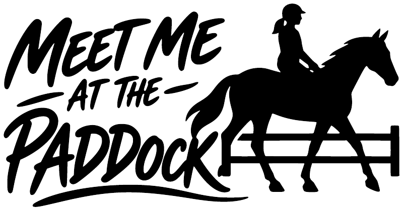 Black vinyl decal text “Meet Me at the Paddock” with jockey and horse.