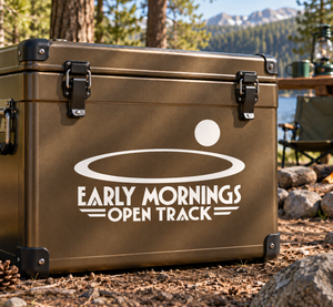HorseRacingCX029 vinyl decal reading "Early Mornings Open Track" on luggage