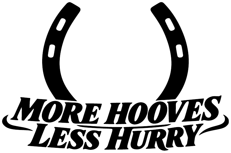 Vinyl decal close-up with black horseshoe icon and italic 'More Hooves Less Hurry' text