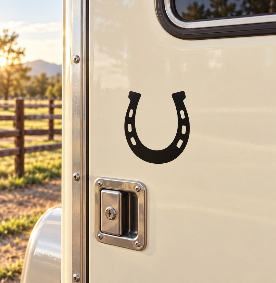 Black horseshoe vinyl decal with classic U-shape on a vehicle panel