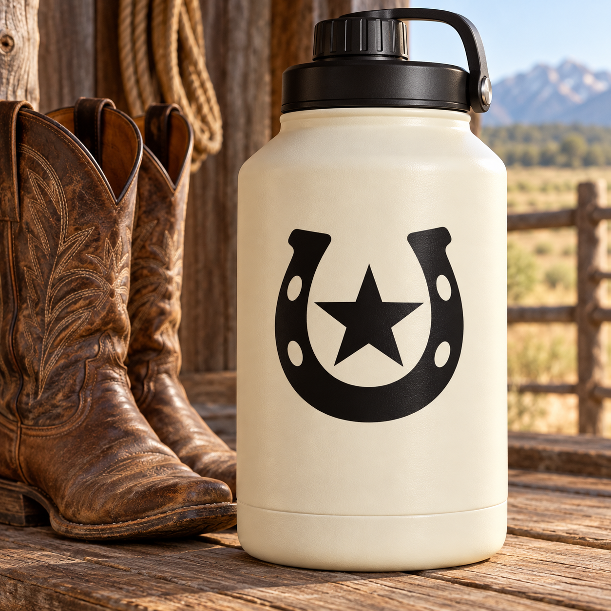 Black horseshoe vinyl decal with central star and four small cutout holes.
