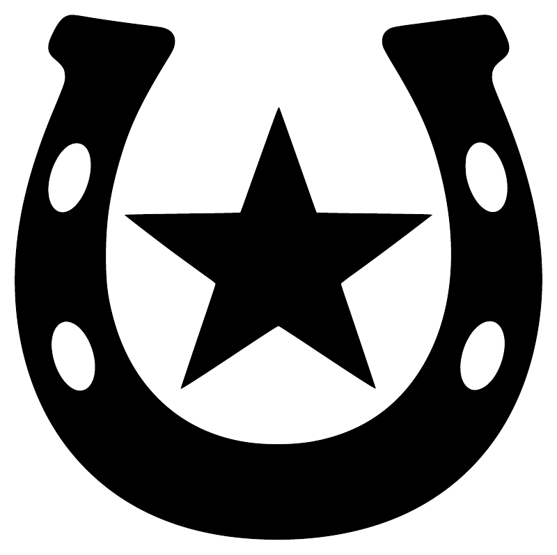 Horseshoe-shaped vinyl decal, black with white accents, central star and side circles.